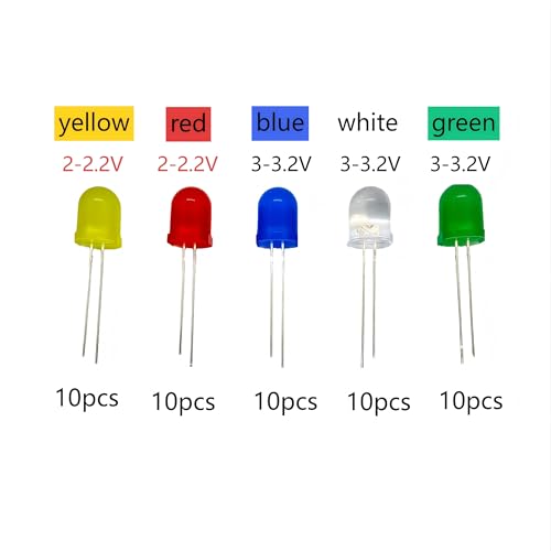 50Pcs 10mm LED Diode Kit, Red Yellow Blue Green White 10Pcs Each
