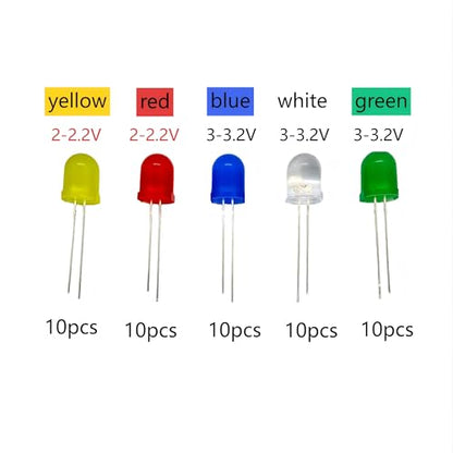 50Pcs 10mm LED Diode Kit, Red Yellow Blue Green White 10Pcs Each
