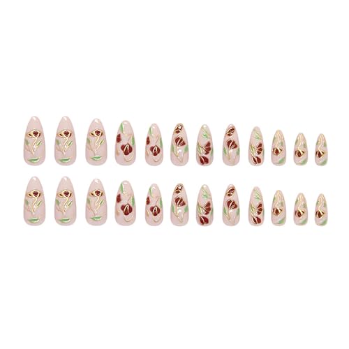24Pcs Medium Almond Press on Nails Spring Fake Nails with Designs Full Cover Glue on Nails Flower False Nails Glossy Pink Summer Stick on Nail for Women - color: Style20