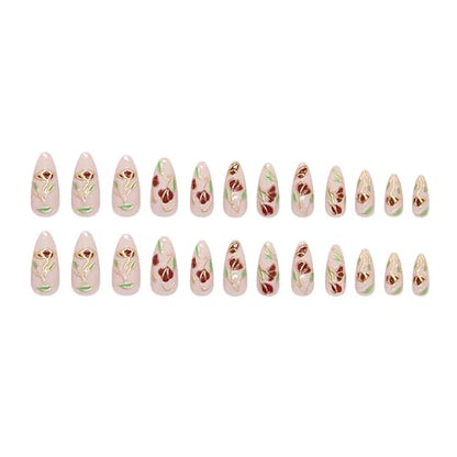 24Pcs Medium Almond Press on Nails Spring Fake Nails with Designs Full Cover Glue on Nails Flower False Nails Glossy Pink Summer Stick on Nail for Women - color: Style20