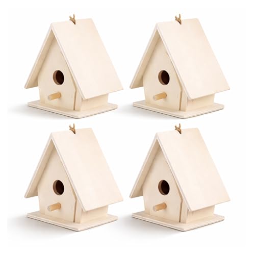 Unfinished Wooden Bird House Set Hanging DIY Paintable Decor 4 Pcs
