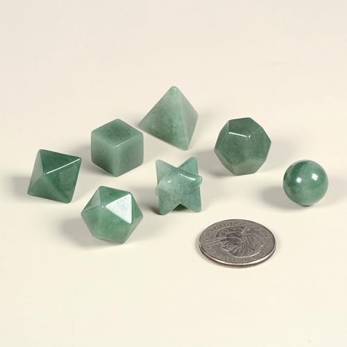 Justinstones 7-Piece Green Aventurine Natural Crystal Geometry Collection Healing Crystals Kit Sacred Geometry Platonic Solids Geometric Set Tumbled Stones Specimen Collection - style: Green Aventurine