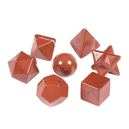 Justinstones 7-Piece Red Jasper Natural Crystal Geometry Collection Healing Crystals Kit Sacred Geometry Platonic Solids Geometric Set Tumbled Stones Specimen Collection - style: Red Jasper