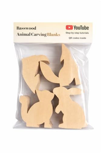 SamanArtworks Wood Carving Kit for Beginners, 4 Pre-Cut Basswood Animal Projects with Step-by-Step YouTube Tutorials, DIY Whittling Craft Kit for Adults & Teens