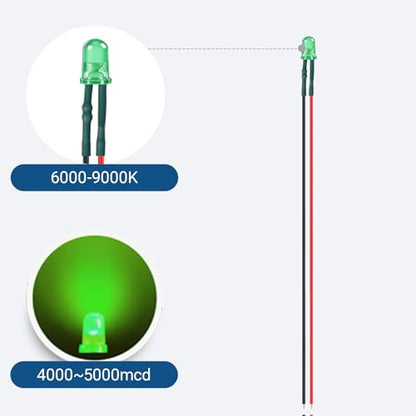 5mm Green Pre-Wired LEDs, 50PCS 3-12V with Resistor & Mounting Rings - color: Green / 50 Pcs
