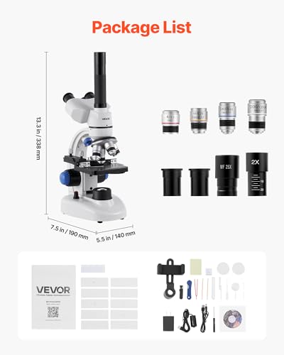 VEVOR Trinocular Microscope, 40-5000X Magnification, Professional Compound Microscope for Adult with Phone Adapter, LED Light, Aluminum Alloy Body, for Lab, School, Home, Education - style: B