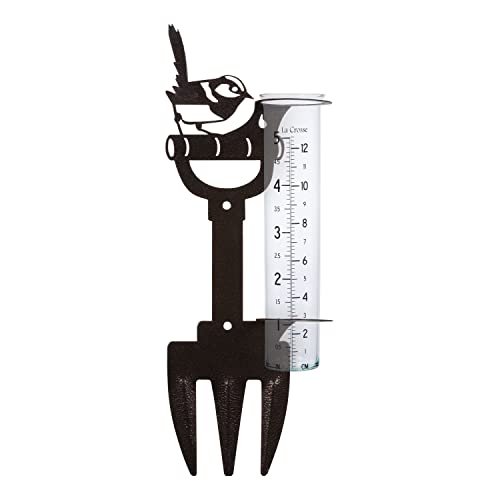 La Crosse 704-98937-INT Bird and Shovel Metal Garden Rain Gauge with 5" Glass Tube - color: Hammered Bronze