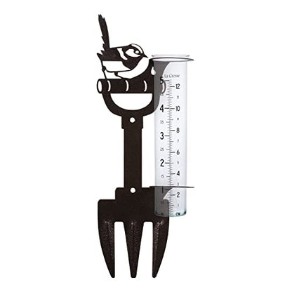 La Crosse 704-98937-INT Bird and Shovel Metal Garden Rain Gauge with 5" Glass Tube - color: Hammered Bronze