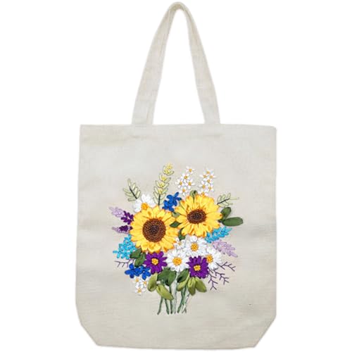 Canvas Tote Bag Silk Ribbon Embroidery Kit for Beginners Arts DIY Crafts Starter Kit Include Stamped Bag Threads Hoop - color: Color #2, Beige Bag