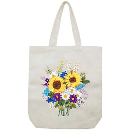Canvas Tote Bag Silk Ribbon Embroidery Kit for Beginners Arts DIY Crafts Starter Kit Include Stamped Bag Threads Hoop - color: Color #2, Beige Bag