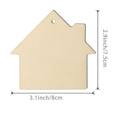 House Shape Hanging Wood House Unfinished Wood with Twines DIY Craft Ornament for Christmas Wedding Birthday Thanksgiving Party Decoration 20Pack