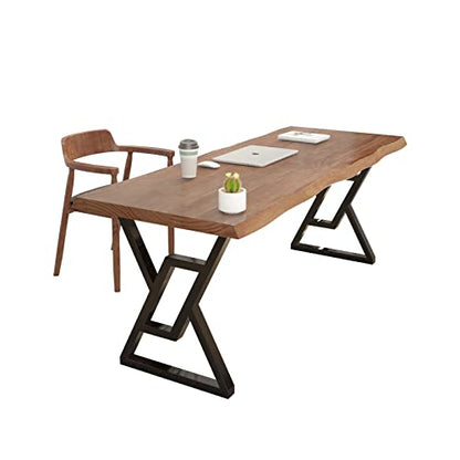 55 Inch Real Wood Desk for Home Office, Solid Pine Writing Desk with Natural Live Edge, Rustic Computer Desk with Industrial Metal Legs, Large Workstation Table for Study, Gaming and Dining - size: YC-2