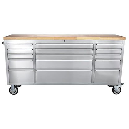 72" Heavy-Duty Rolling Tool Chest & Garage Workbench with 15 Drawers, Steel Cabinet, Rubber Wood Top, Key Locking System, Drawer Liners, On Wheels for Warehouse Repair Shop, Silver - size: 72 Inch Silver