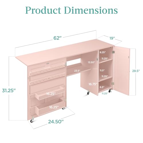 Best Choice Products Large Folding Sewing Table, Multipurpose Portable Craft Station & Side Desk w/Compact Design, Caster Wheels, Storage Shelves, 2 Storage Trays, Magnetic Doors - Pink - color: Pink