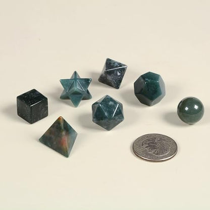 Justinstones 7-Piece Moss Agate Natural Crystal Geometry Collection Healing Crystals Kit Sacred Geometry Platonic Solids Geometric Set Tumbled Stones Specimen Collection - style: Moss Agate