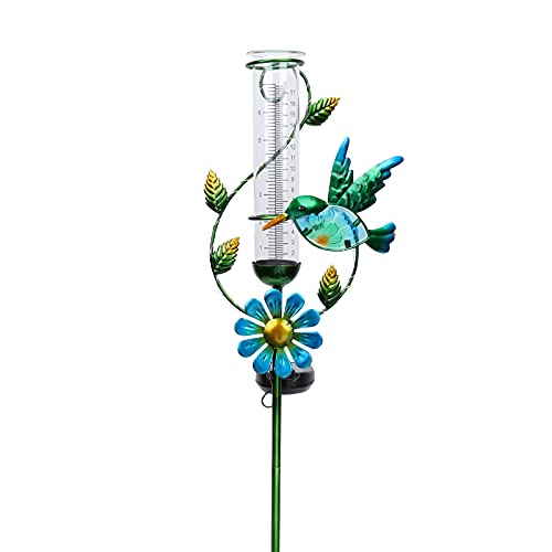 MUMTOP Rain Gauge Outdoor, Solar Powered Decorative Metal Hummingbird Flower Stake for Lawn Yard and Garden - color: green hummingbird