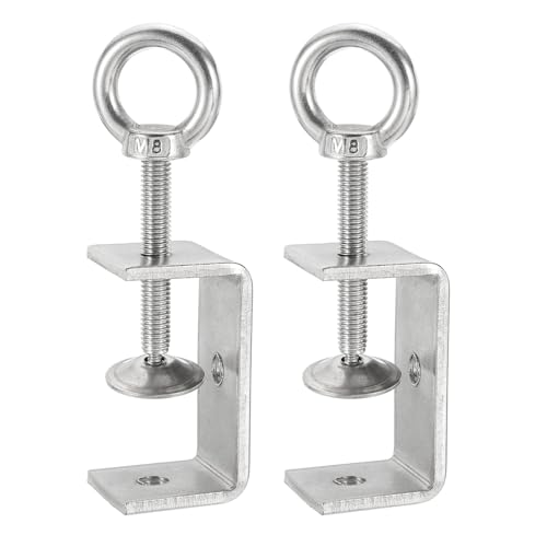 HARFINGTON 2 Pcs 304 Stainless Steel C Clamps 55mm Square Mini Tiger Clamp Adjustable Heavy Duty Metal U Clip with Eye Hook Screw for Woodworking Welding Mounting, Silver - size: 55mm