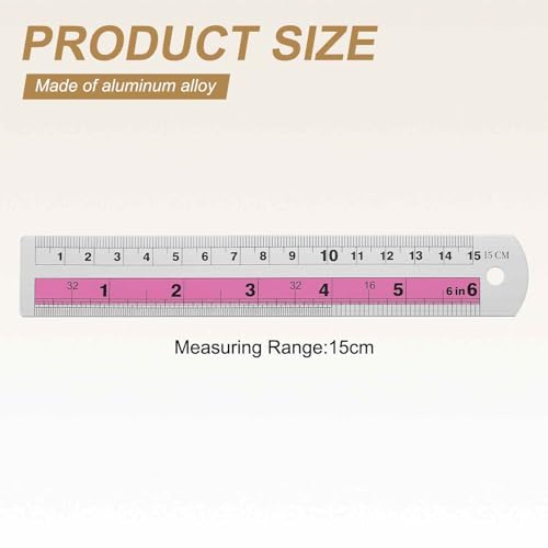 HARFINGTON 2pcs Metal Straight Ruler 15cm Metric SAE Aluminum Alloy Measuring Rulers Scale Tools with Hole for Measure Study Reading Classroom Office, Pink - color: Pink, size: 15cm