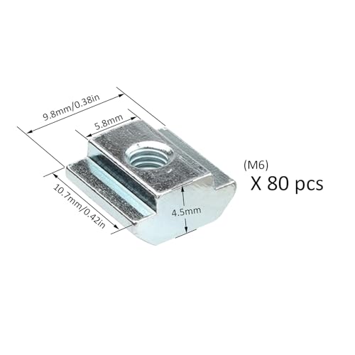 80pcs 20 Series Extrusion M6 T Slide Nut M6 Tee Sliding in Nut for 2020 Extruded Aluminum Connector Brackets with 2020 Sereis Extursion Profile Rail - style: 20 Series Type B