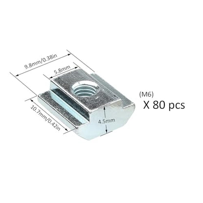 80pcs 20 Series Extrusion M6 T Slide Nut M6 Tee Sliding in Nut for 2020 Extruded Aluminum Connector Brackets with 2020 Sereis Extursion Profile Rail - style: 20 Series Type B