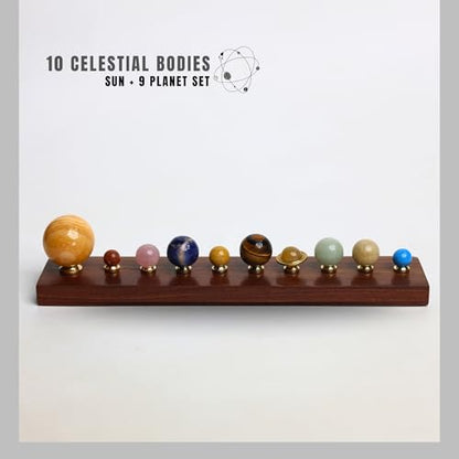 Luxury Handcrafted Solar System Model with Semi-Precious Stones – Sun, Earth & Moon Planet Display on Rosewood Base | Astronomy Art Desk Decor (Sun & 9 Planets)