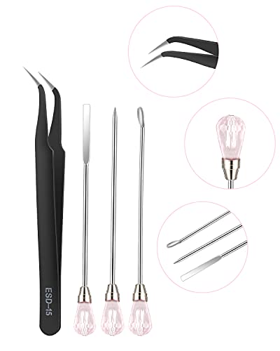 11 Pcs Resin Spoon Tools Kit-Metal Stir Sticks Resin Spoons Poke Needle with Anti-Static Stainless Steel Precision Tweezers Set for Resin Crafts,Jewelry Making,DIY Epoxy Silicone Resin Molds(Pink) - color: Pink & Black