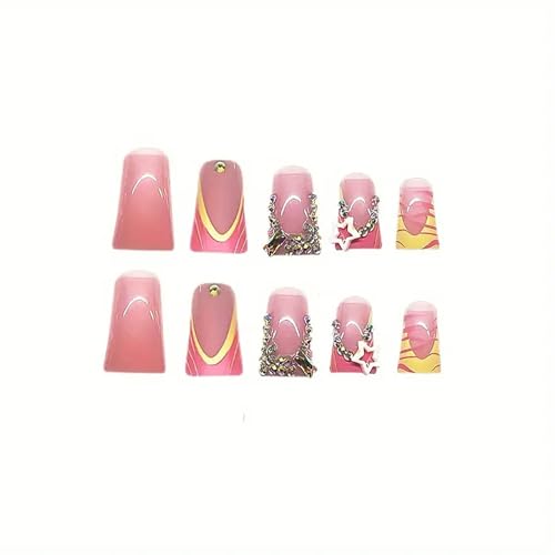 Duck Mouth Press on Nails Medium Square Fake Nails French Tips Glue on Nails with Star Rhinestone Charms Designs Duck Nail Tips 24Pcs Glossy Full Cover Glue on Nails for Women Acrylic Nails - color: Style-A12