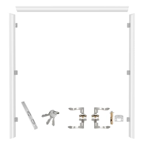Pine Wood French Door Jamb Frame Kits, Primed, Pre-Installed Hinges, Door Seal Strips, Pre-Drilled Top Latch & Levers, Adjustable (Fits a Maximum Width of 72") - color: Silver Hardware Door Jamb