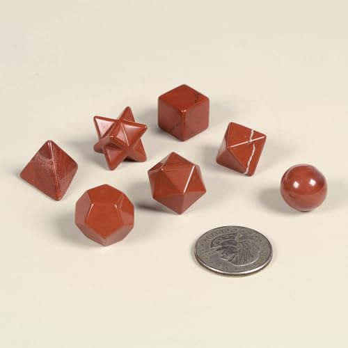 Justinstones 7-Piece Red Jasper Natural Crystal Geometry Collection Healing Crystals Kit Sacred Geometry Platonic Solids Geometric Set Tumbled Stones Specimen Collection - style: Red Jasper