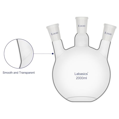 Labasics Borosilicate Glass 3 Neck Flat Bottom Boiling Flask with 24/40 Joints, for Lab Experiments, Distillation and Reflux Systems, 2000ml - size: 2000 ml