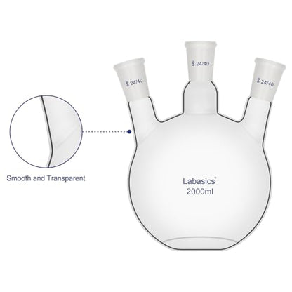 Labasics Borosilicate Glass 3 Neck Flat Bottom Boiling Flask with 24/40 Joints, for Lab Experiments, Distillation and Reflux Systems, 2000ml - size: 2000 ml