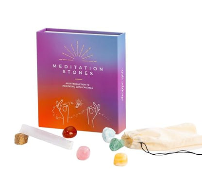 Crystal Collection Meditation Stones Set with Rose Quartz, Blue Calcite, Yellow Jade, Sandstone, Carnelian, Natural Selenite Wand, Set of 7 - color: Meditation