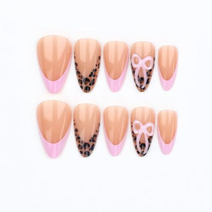 Almond Press on Nails Medium Pink Fake Nailwith Pink Bow Acrylic Nail Press ons Leopard Stick on Nails for Women 24pcs - color: Color10