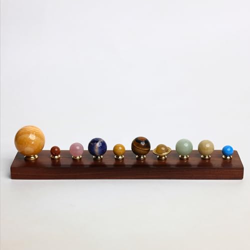 Luxury Handcrafted Solar System Model with Semi-Precious Stones – Sun, Earth & Moon Planet Display on Rosewood Base | Astronomy Art Desk Decor (Sun & 9 Planets)