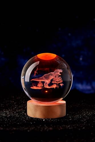 3D Dinosaur Crystal Ball Lamp with Remote Control, 3.15 inch T-rex Crystal Night Light with Wooden Base 16 Colors Change, Glass Dinosaur Figurine Lamp Gift for Girls Boys Wife Mom (T-rex) - color: T-rex