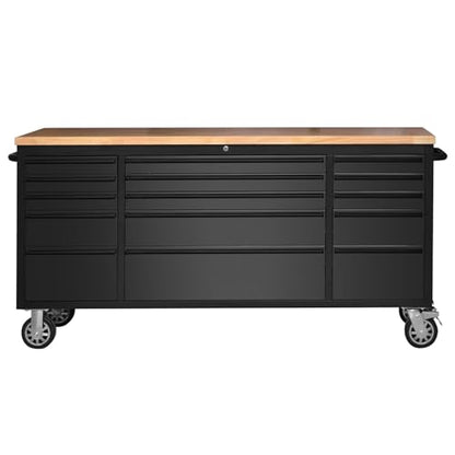 72" Heavy-Duty Rolling Tool Chest & Garage Workbench with 15 Drawers, Steel Cabinet, Rubber Wood Top, Key Locking System, Drawer Liners, On Wheels for Warehouse Repair Shop, Black - size: 72 Inch Black