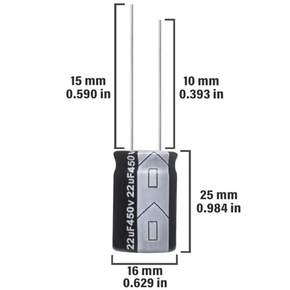 22uF 450V 16x25mm Electrolytic Capacitor 22 UF MFD 450 Volt 0.63x0.98in Aluminum Capacitors (Pack of 10) - style: 22uF 450V 16x25MM