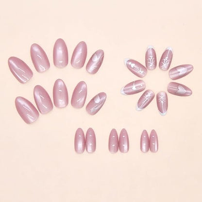 Pink Cat Eye Press on Nails Medium Almond Fake Nails White French Tip False Nails with Heart Designer Reusable Acrylic Nail Bow Artificial Glue on Nails for Women 24Pcs - color: Style13
