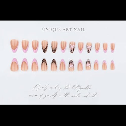 Almond Press on Nails Medium Pink Fake Nailwith Pink Bow Acrylic Nail Press ons Leopard Stick on Nails for Women 24pcs - color: Color10