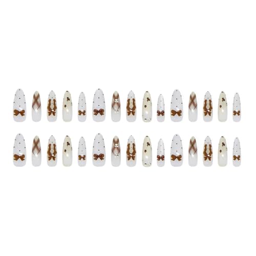 Stiletto Press on Nails Long Nude Fake Nailwith 3D Charms Acrylic Nail Press ons Brown Bow Stick on Nails for Women 24pcs - color: Color03