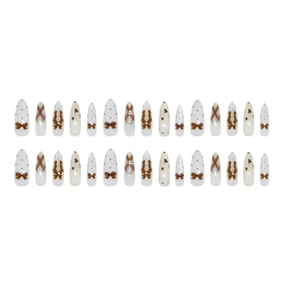 Stiletto Press on Nails Long Nude Fake Nailwith 3D Charms Acrylic Nail Press ons Brown Bow Stick on Nails for Women 24pcs - color: Color03