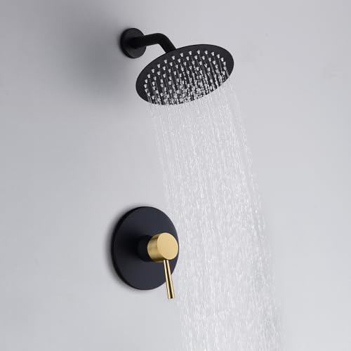 SUMERAIN Shower Faucet Set Black and Gold, 8" Stainless Steel Rain Shower - color: Black and Gold, size: Solid Brass Valve
