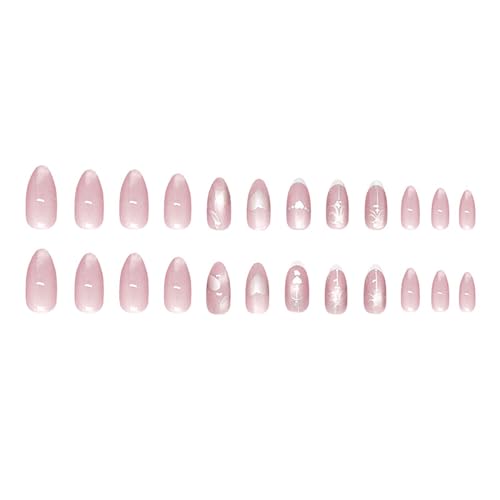 Pink Cat Eye Press on Nails Medium Almond Fake Nails White French Tip False Nails with Heart Designer Reusable Acrylic Nail Bow Artificial Glue on Nails for Women 24Pcs - color: Style13