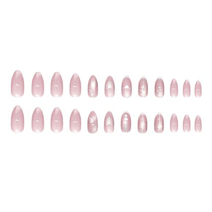 Pink Cat Eye Press on Nails Medium Almond Fake Nails White French Tip False Nails with Heart Designer Reusable Acrylic Nail Bow Artificial Glue on Nails for Women 24Pcs - color: Style13