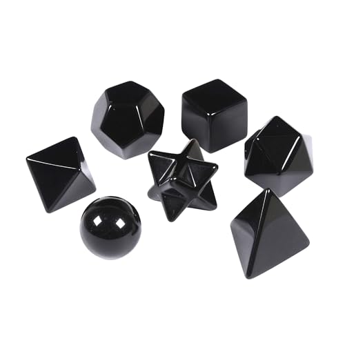 Justinstones 7-Piece Black Obsidian Natural Crystal Geometry Collection Healing Crystals Kit Sacred Geometry Platonic Solids Geometric Set Tumbled Stones Specimen Collection - style: Black Obsidian