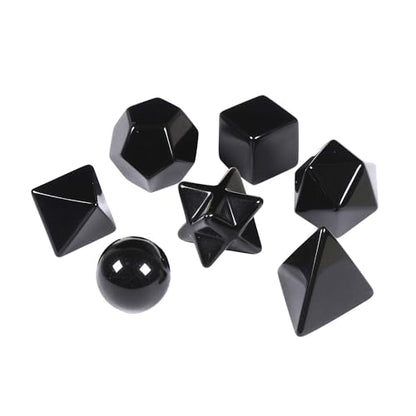 Justinstones 7-Piece Black Obsidian Natural Crystal Geometry Collection Healing Crystals Kit Sacred Geometry Platonic Solids Geometric Set Tumbled Stones Specimen Collection - style: Black Obsidian
