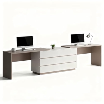 144" Extra Long L-Shaped Double Desk with 6 Dust Proof Drawers for 2 People Study Workstation, Dual Computer Desk Corner Desk for Home Office Bedroom, White Khaki, 102.36-144.26"