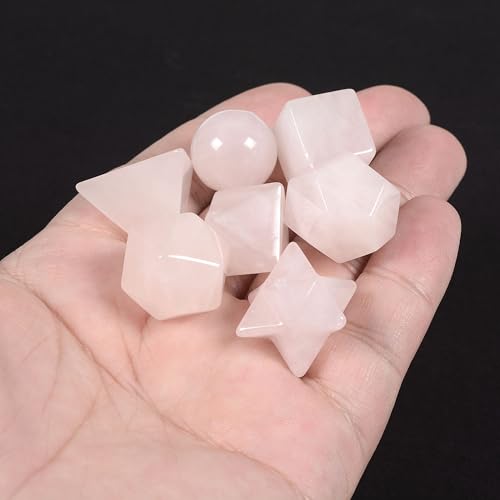Justinstones 7-Piece Rose Quartz Natural Crystal Geometry Collection Healing Crystals Kit Sacred Geometry Platonic Solids Geometric Set Tumbled Stones Specimen Collection - style: Rose Quartz