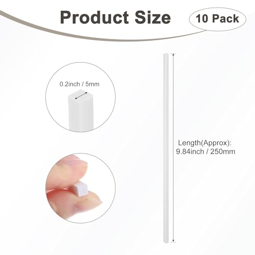 M METERXITY 10-Pack Square Plastic Bars Rods, 5mm x 250mm ABS Smooth Plastic Tube Rod for DIY Craft Sticks/Sand Table Model/Scene Making, Easy to Cut and Paint[White] - size: 5mm x 250mm
