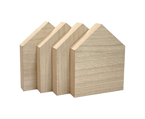 6 Inch 4 Pieces Unfinished Wooden House Shaped Blocks for Crafts Blank Wood House Freestanding Mother's Day Memorial Sign，1 Inch Thick MDF - size: 6 in